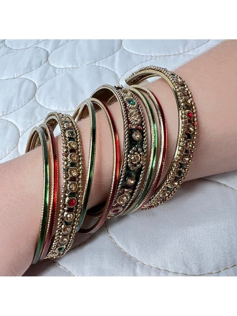 Indian 9 Bangle Bracelets Ethnic Bollywood Gold Red Green Party Holiday Jewelry